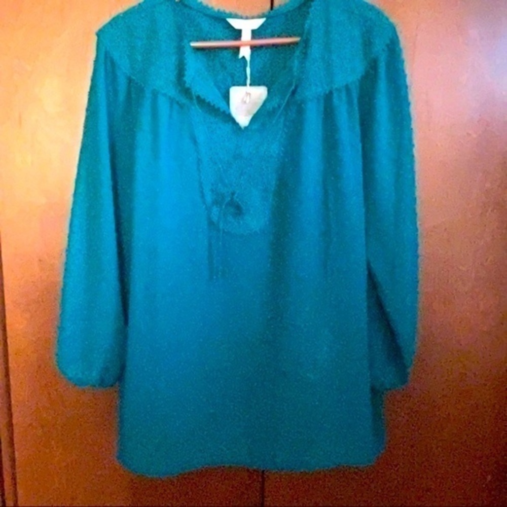 Matilda Jane NWT Tunic Sz Lg Spruce Green Dotted Swiss and Eyelet, Neck Cords